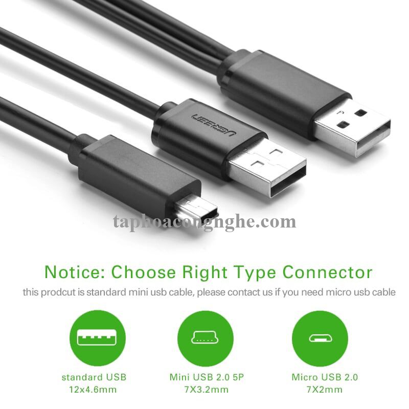 Ugreen 10346 0.5M màu Đen Cáp sạc truyền dữ liệu USB 2.0 sang MICRO USB có trợ nguồn USB US107 30010346